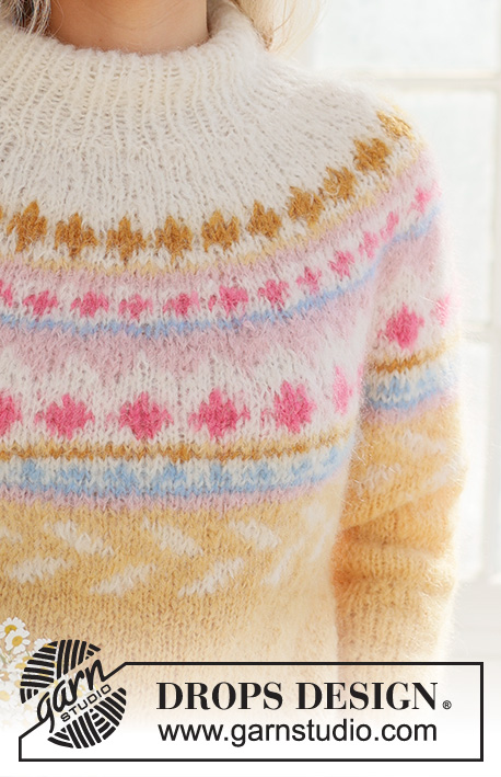 Lemon Meringue Sweater / DROPS 231-55 - Stickad tröja i DROPS Melody. Arbetet stickas uppifrån och ner med dubbel halskant, runt ok och flerfärgat mönster. Storlek S - XXXL.