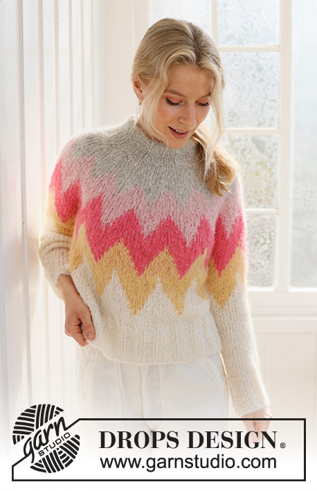 Pink Lemonade Sweater / DROPS 231-56 - Knitted sweater in DROPS Melody. The piece is worked top down, with multi-colored pattern, round yoke and double neck. Sizes S - XXXL.