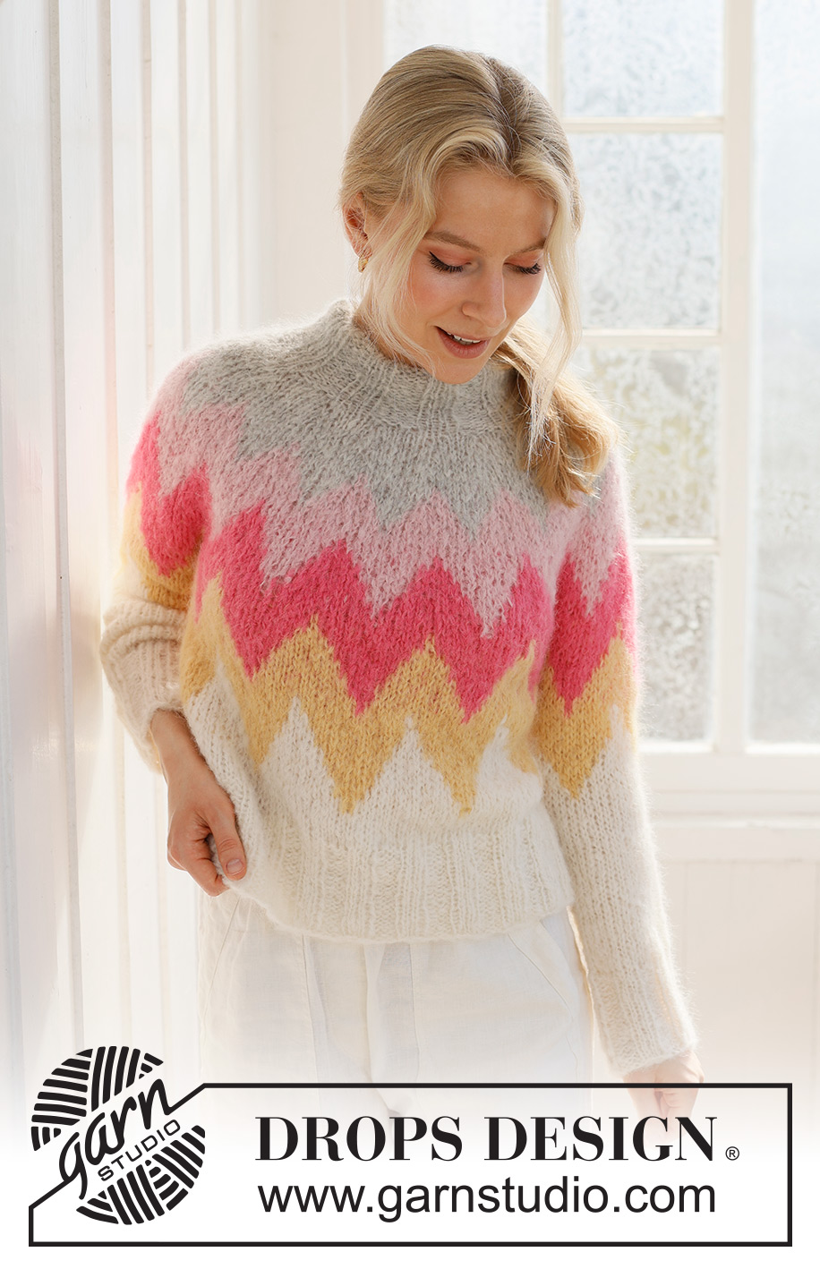 Pink Lemonade Sweater / DROPS 231-56 - Knitted sweater in DROPS Melody. The piece is worked top down, with multi-colored pattern, round yoke and double neck. Sizes S - XXXL.