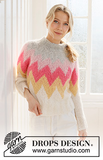 Pink Lemonade Sweater / DROPS 231-56 - Knitted sweater in DROPS Melody. The piece is worked top down, with multi-colored pattern, round yoke and double neck. Sizes S - XXXL.