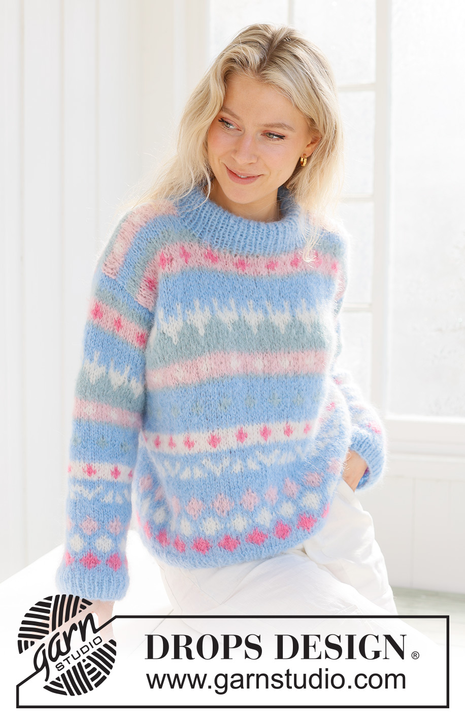 Mixed Berries Sweater / DROPS 231-58 - Knitted sweater in DROPS Melody. The piece is worked bottom up, with multi-colored pattern and double neck. Sizes XS - XXXL.