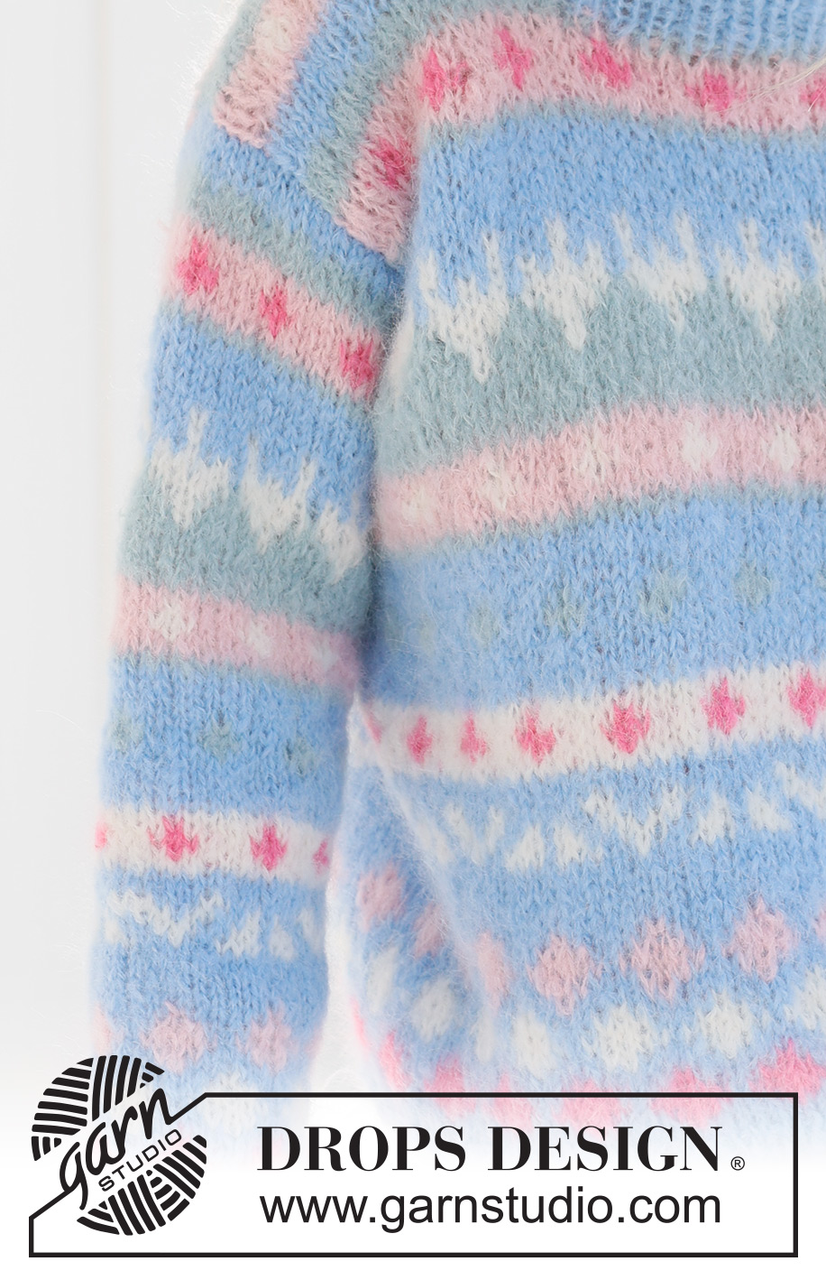 Mixed Berries Sweater / DROPS 231-58 - Knitted sweater in DROPS Melody. The piece is worked bottom up, with multi-colored pattern and double neck. Sizes XS - XXXL.
