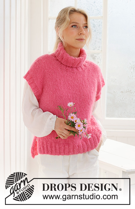 Cherry Sorbet Vest / DROPS 231-59 - Strikket vest i DROPS Melody. Arbejdet strikkes nedefra og op i glatstrik med høj hals og slids i siden. Størrelse S – XXXL.