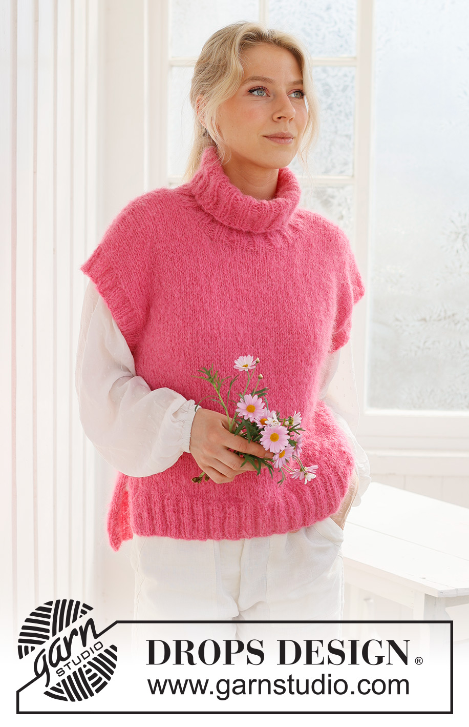 Cherry Sorbet Vest / DROPS 231-59 - Strikket vest i DROPS Melody. Arbejdet strikkes nedefra og op i glatstrik med høj hals og slids i siden. Størrelse S – XXXL.