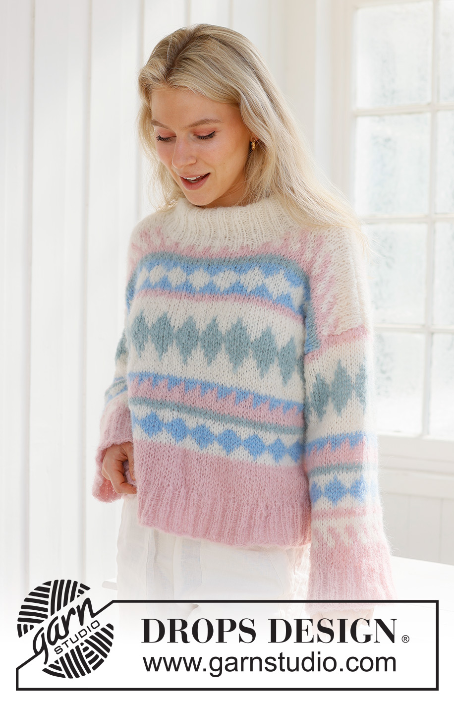 Berries and Cream Sweater / DROPS 231-60 - DROPS Melody lõngast alt üles kootud mitmevärvilise mustriga ja topeltkraega dzemper suurustele XS kuni XXXL
