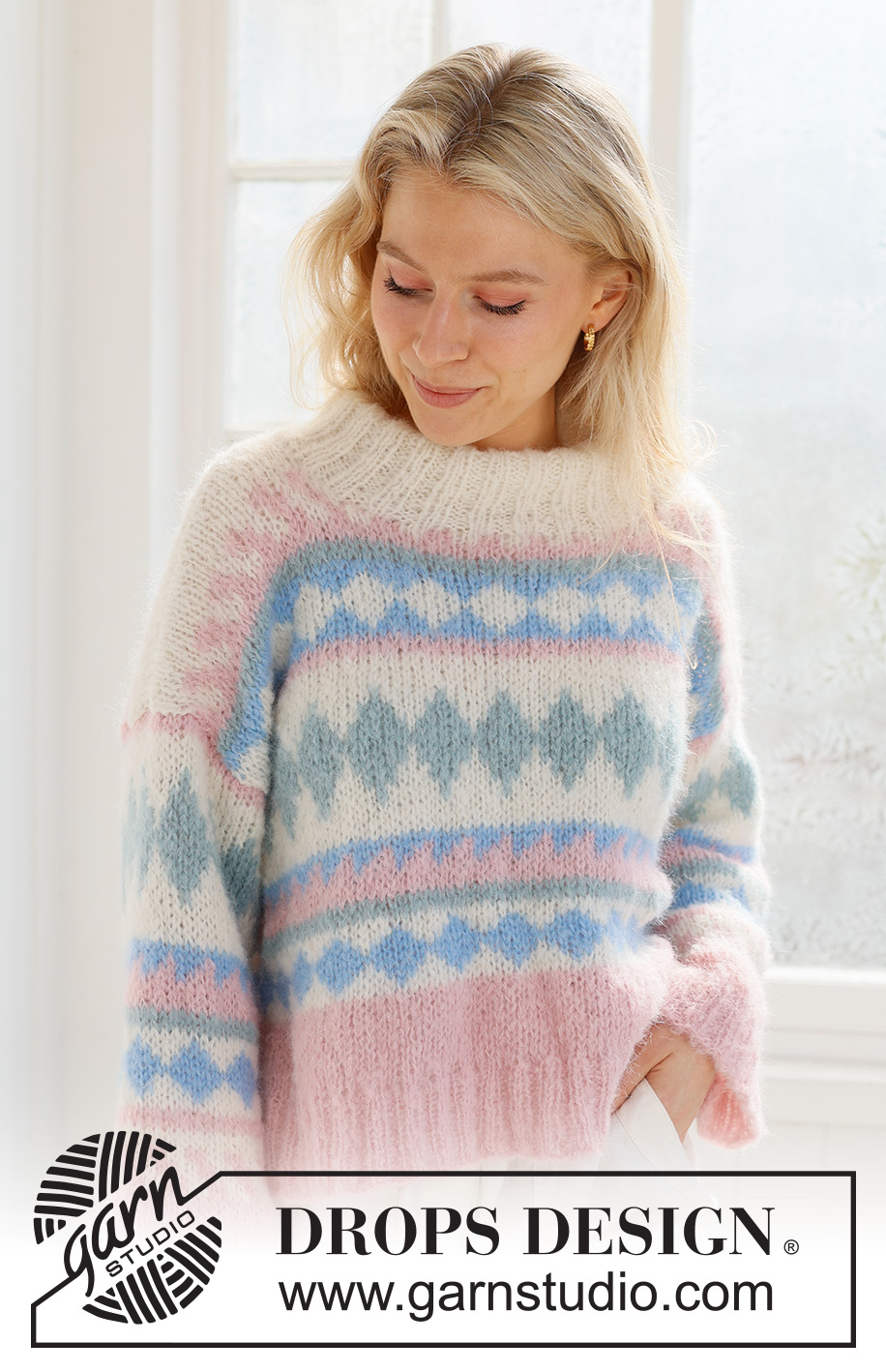 Berries and Cream Sweater / DROPS 231-60 - DROPS Melody lõngast alt üles kootud mitmevärvilise mustriga ja topeltkraega dzemper suurustele XS kuni XXXL
