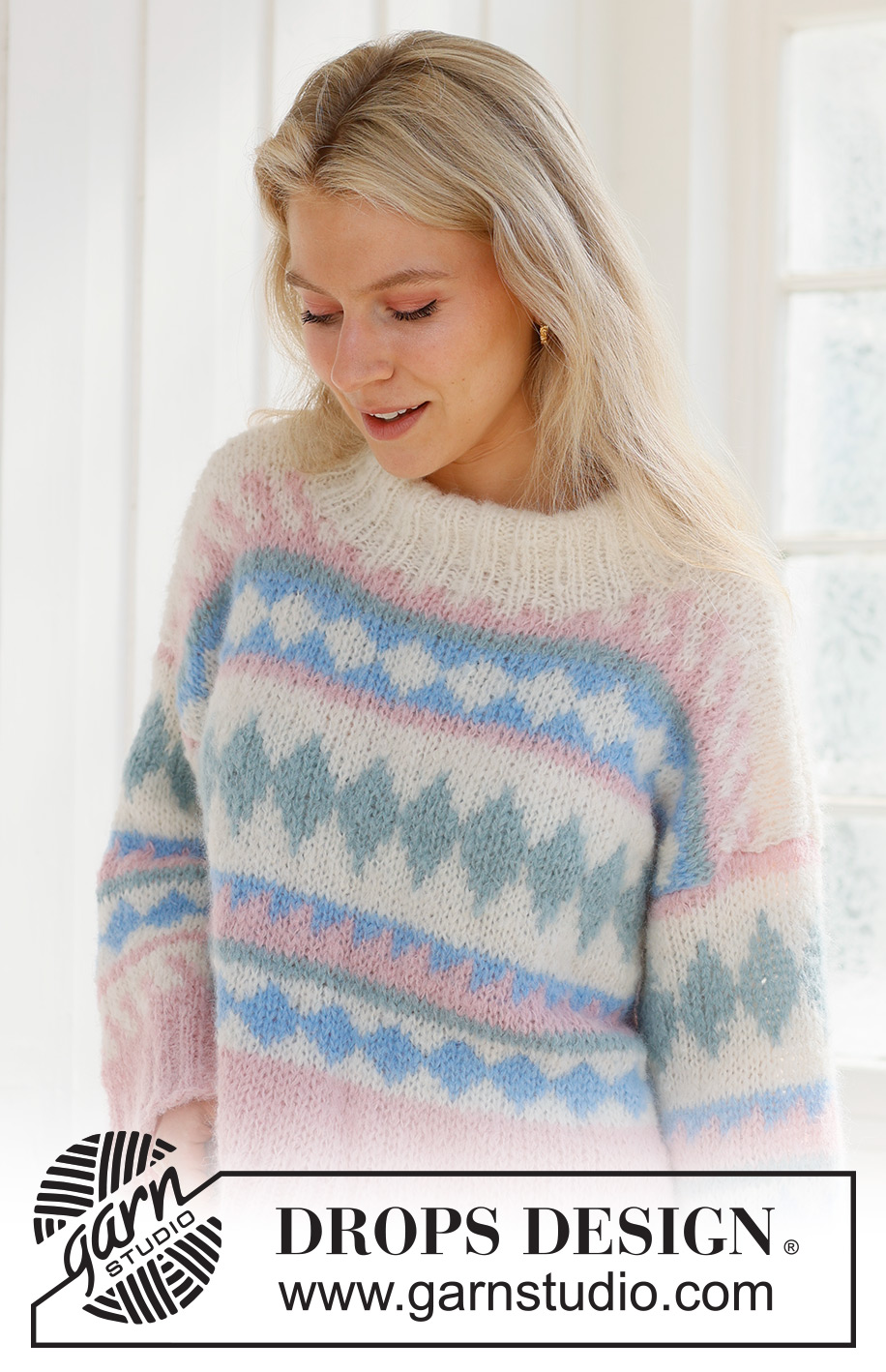 Berries and Cream Sweater / DROPS 231-60 - DROPS Melody lõngast alt üles kootud mitmevärvilise mustriga ja topeltkraega dzemper suurustele XS kuni XXXL
