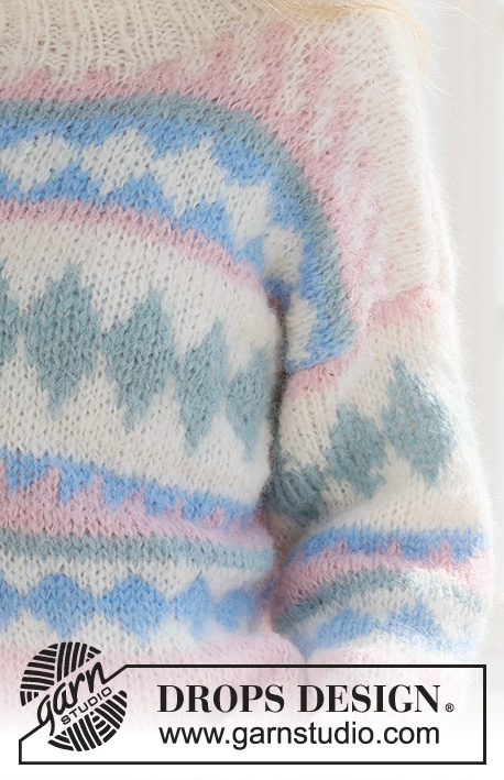 Berries and Cream Sweater / DROPS 231-60 - DROPS Melody lõngast alt üles kootud mitmevärvilise mustriga ja topeltkraega dzemper suurustele XS kuni XXXL