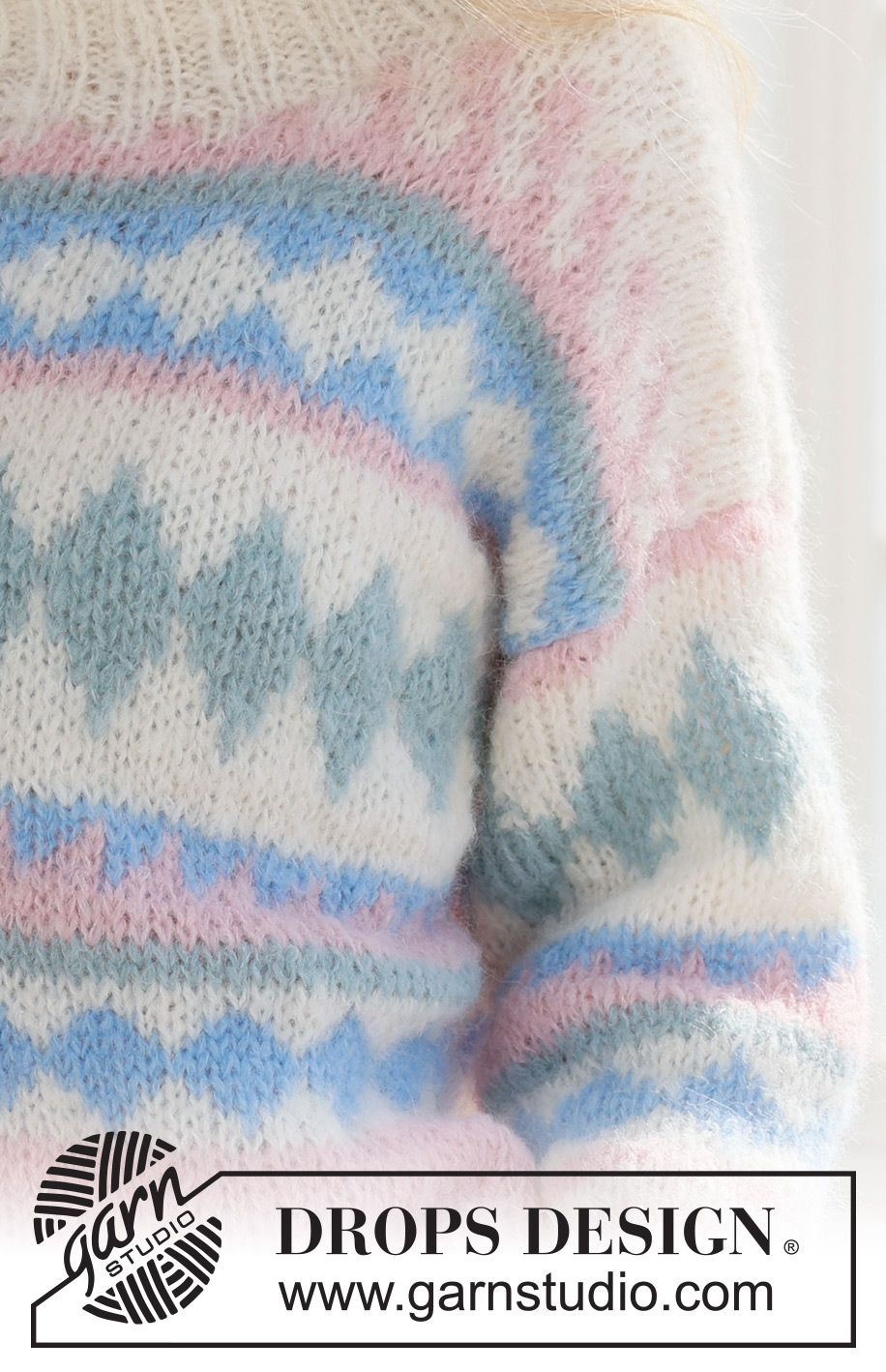 Berries and Cream Sweater / DROPS 231-60 - DROPS Melody lõngast alt üles kootud mitmevärvilise mustriga ja topeltkraega dzemper suurustele XS kuni XXXL