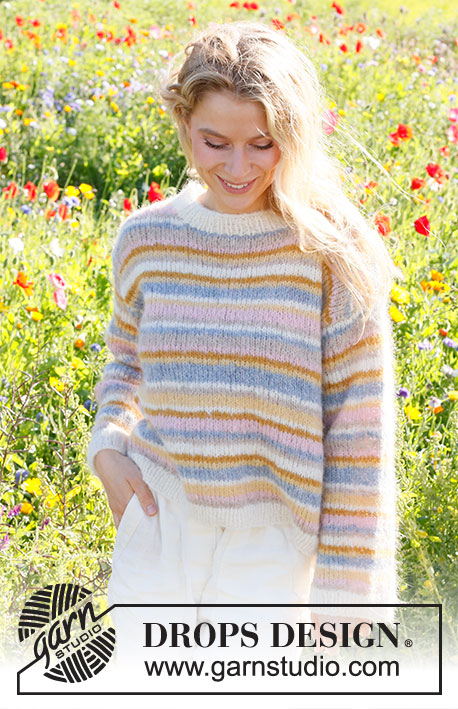 Pastel Spring / DROPS 231-7 - Strikket bluse i DROPS Melody. Arbejdet strikkes nedefra og op med striber og glatstrik. Størrelse S - XXXL.