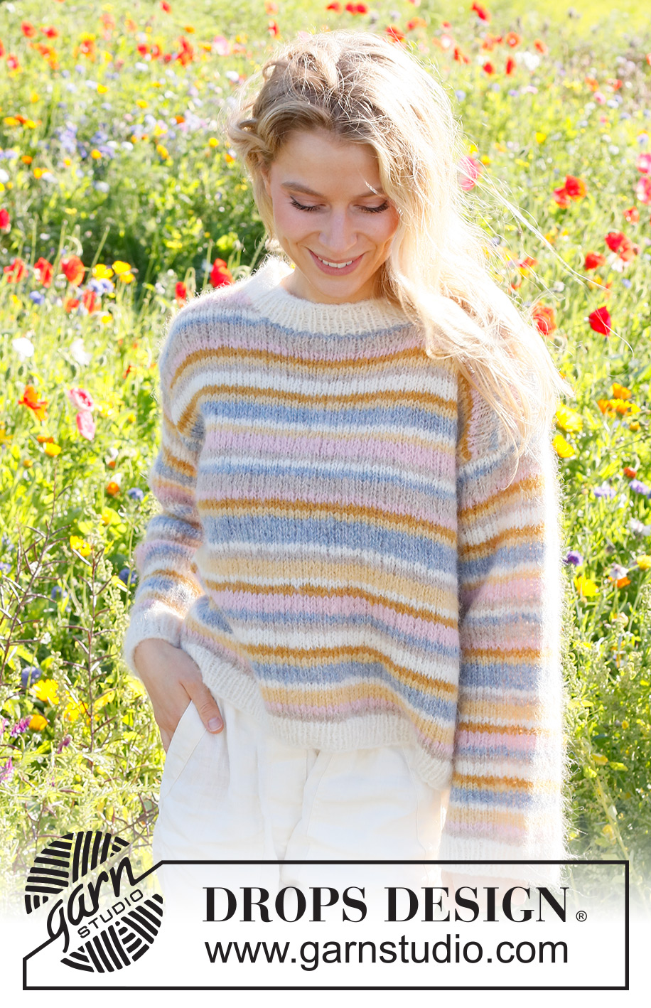 Pastel Spring / DROPS 231-7 - Strikket bluse i DROPS Melody. Arbejdet strikkes nedefra og op med striber og glatstrik. Størrelse S - XXXL.