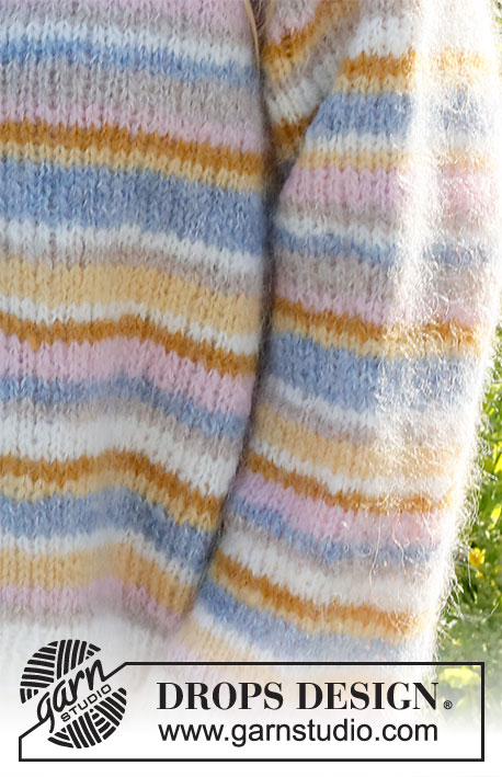 Pastel Spring / DROPS 231-7 - Strikket bluse i DROPS Melody. Arbejdet strikkes nedefra og op med striber og glatstrik. Størrelse S - XXXL.