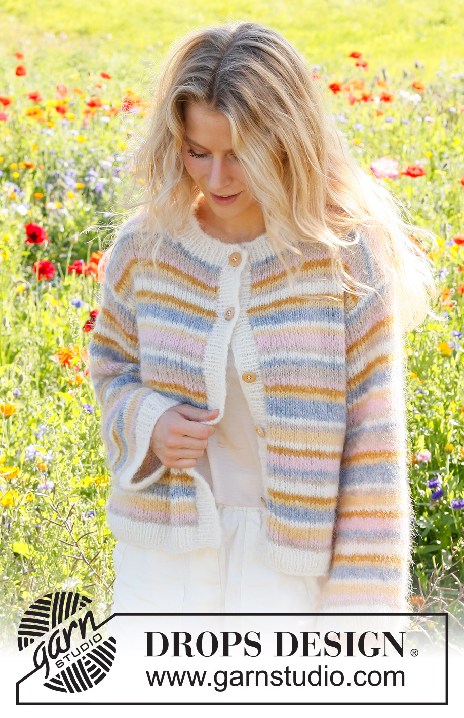 Pastel Spring Cardigan / DROPS 231-8 - Strikket cardigan i DROPS Melody. Arbejdet strikkes nedefra og op med striber og glatstrik. Størrelse S - XXXL.