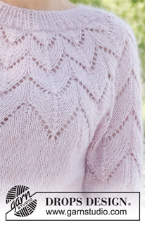 Wishing Well / DROPS 231-9 - Knitted jumper in DROPS Alpaca and DROPS Kid-Silk. The piece is worked top down with round yoke and lace pattern. Sizes S - XXXL.
