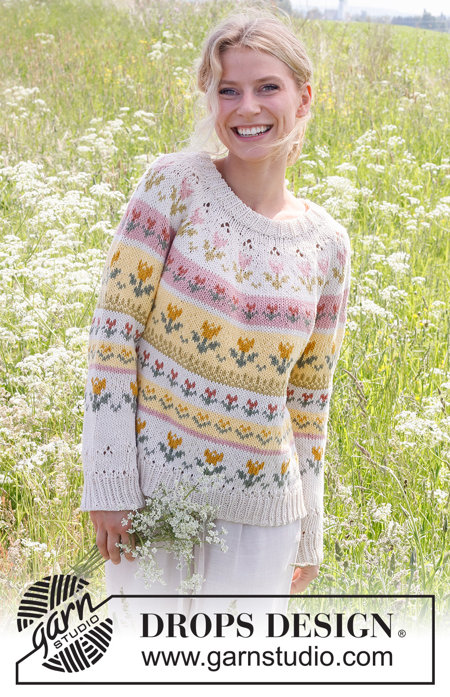 Tulip Season / DROPS 232-1 - Knitted jumper in DROPS Paris. The piece is worked top down, with double neck, round yoke, lace pattern and Nordic pattern with tulips. Sizes S - XXXL.