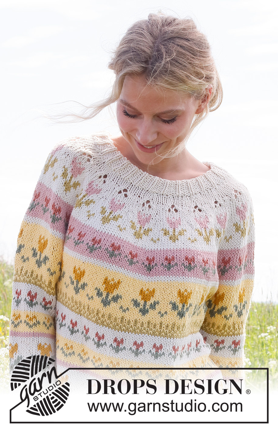 Tulip Season / DROPS 232-1 - Knitted jumper in DROPS Paris. The piece is worked top down, with double neck, round yoke, lace pattern and Nordic pattern with tulips. Sizes S - XXXL.