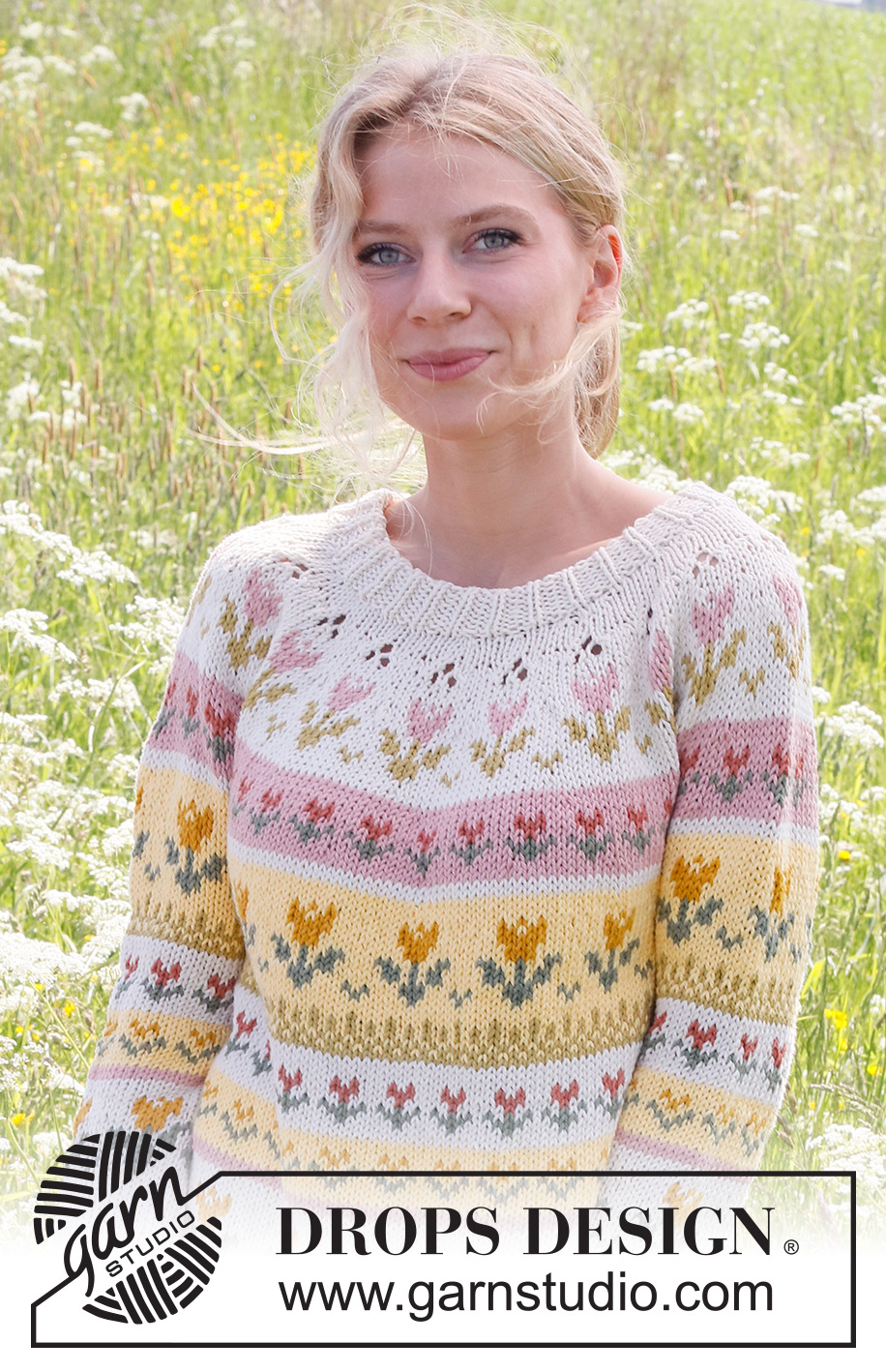 Tulip Season / DROPS 232-1 - Knitted jumper in DROPS Paris. The piece is worked top down, with double neck, round yoke, lace pattern and Nordic pattern with tulips. Sizes S - XXXL.
