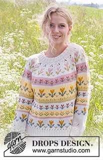 Tulip Season / DROPS 232-1 - Knitted jumper in DROPS Paris. The piece is worked top down, with double neck, round yoke, lace pattern and Nordic pattern with tulips. Sizes S - XXXL.