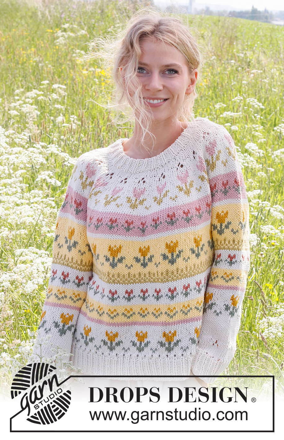 Tulip Season / DROPS 232-1 - Knitted jumper in DROPS Paris. The piece is worked top down, with double neck, round yoke, lace pattern and Nordic pattern with tulips. Sizes S - XXXL.