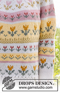 Tulip Season / DROPS 232-1 - Knitted jumper in DROPS Paris. The piece is worked top down, with double neck, round yoke, lace pattern and Nordic pattern with tulips. Sizes S - XXXL.