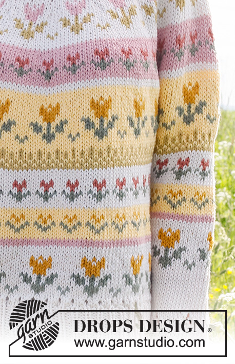 Tulip Season / DROPS 232-1 - Knitted jumper in DROPS Paris. The piece is worked top down, with double neck, round yoke, lace pattern and Nordic pattern with tulips. Sizes S - XXXL.