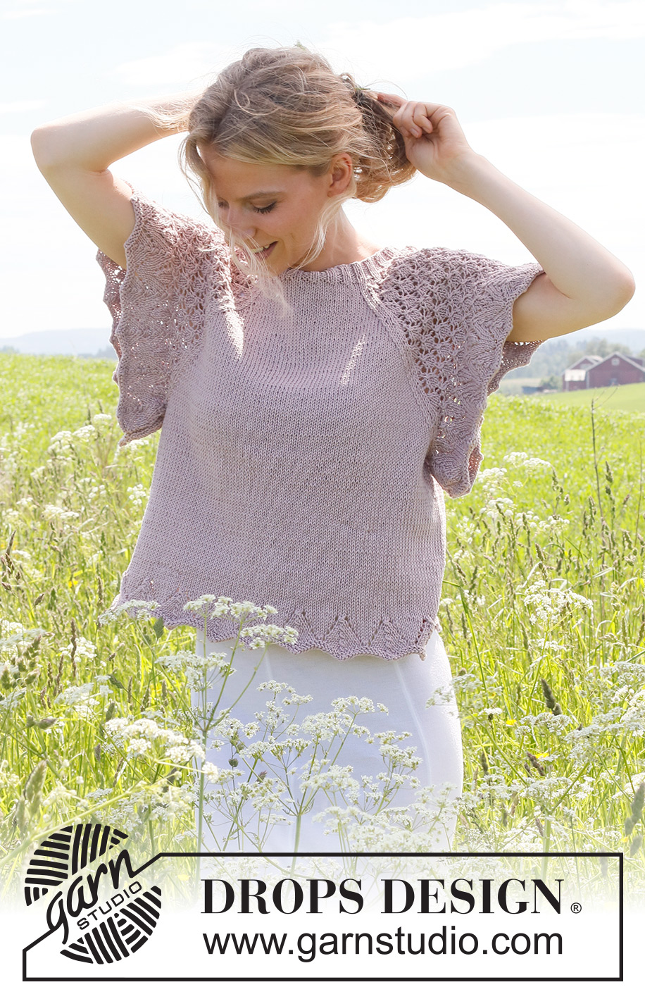 Race the Wind / DROPS 232-18 - Strikket top i DROPS Muskat. Arbejdet strikkes nedefra og op med raglan, hulmønster og korte vingeærmer. Størrelse S – XXXL.