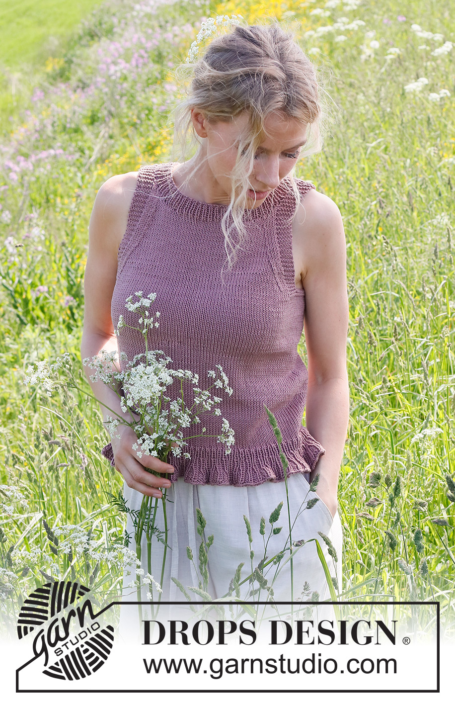 Plum Perfect / DROPS 232-20 - Knitted top in DROPS Muskat. The piece is worked bottom up in stockinette stitch with a flounce-edge. Sizes S - XXXL.