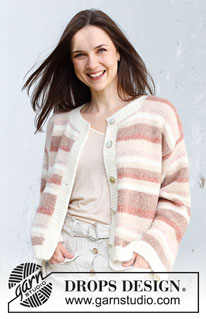 Mars Sunrise / DROPS 232-22 - Strikket cardigan i DROPS Air. Arbejdet strikkes nedefra og op med striber og glatstrik. Størrelse S - XXXL.