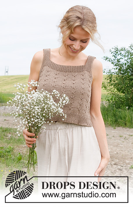 Midsummer's Day / DROPS 232-24 - Strikket top / singlet i DROPS Cotton Light. Arbejdet strikkes nedefra og op med relief mønster. Størrelse S - XXXL.