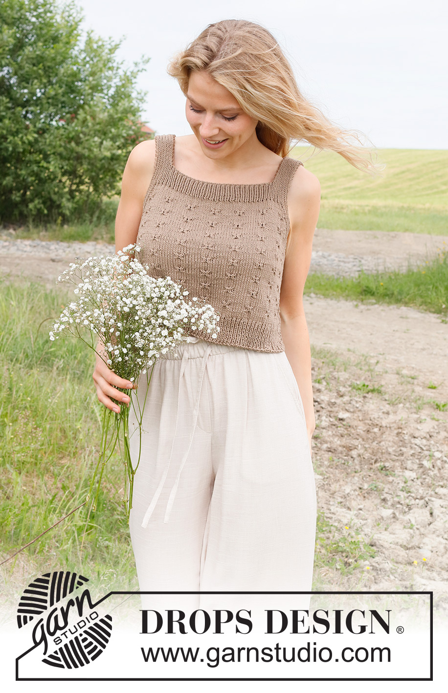 Midsummer's Day / DROPS 232-24 - Strikket top / singlet i DROPS Cotton Light. Arbejdet strikkes nedefra og op med relief mønster. Størrelse S - XXXL.