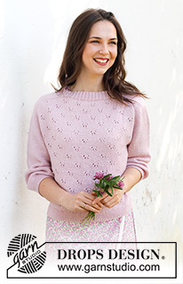 Pink Peony Sweater / DROPS 232-25 - Maglione lavorato ai ferri in DROPS Flora. Lavorato dall’alto in basso con spalle a sella, motivo traforato e maniche a ¾. Taglie: S – XXXL.