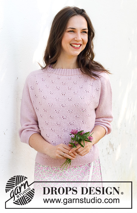 Pink Peony Sweater / DROPS 232-25 - Maglione lavorato ai ferri in DROPS Flora. Lavorato dall’alto in basso con spalle a sella, motivo traforato e maniche a ¾. Taglie: S – XXXL.