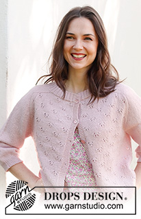 Pink Peony Cardigan / DROPS 232-26 - Propínací svetr s ažurovým vzorem, sedlovými náramenicemi a ¾-rukávem pletený shora dolů z příze DROPS Flora. Velikost: S - XXXL.