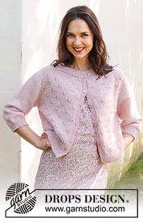Pink Peony Cardigan / DROPS 232-26 - Propínací svetr s ažurovým vzorem, sedlovými náramenicemi a ¾-rukávem pletený shora dolů z příze DROPS Flora. Velikost: S - XXXL.