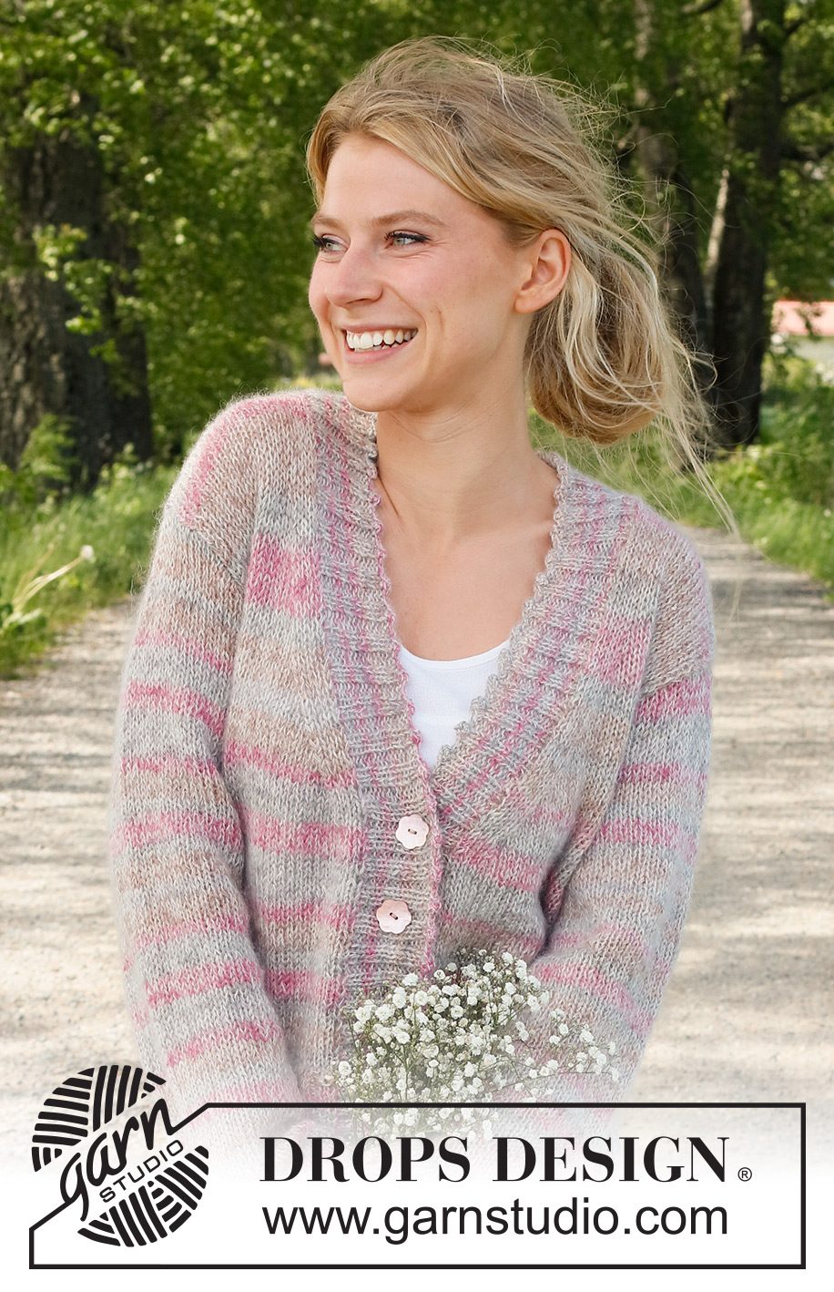 Morning Dawn Cardigan / DROPS 232-28 - Rozpinany sweter na drutach, przerabiany od dołu do góry dżersejem, z dekoltem V, pikotkami i pęknięciami na bokach, z włóczek DROPS Fabel i DROPS Kid-Silk. Od S do XXXL.