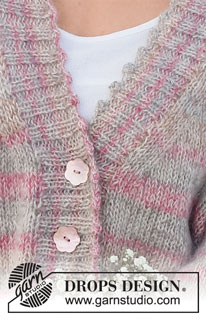Morning Dawn Cardigan / DROPS 232-28 - Rozpinany sweter na drutach, przerabiany od dołu do góry dżersejem, z dekoltem V, pikotkami i pęknięciami na bokach, z włóczek DROPS Fabel i DROPS Kid-Silk. Od S do XXXL.