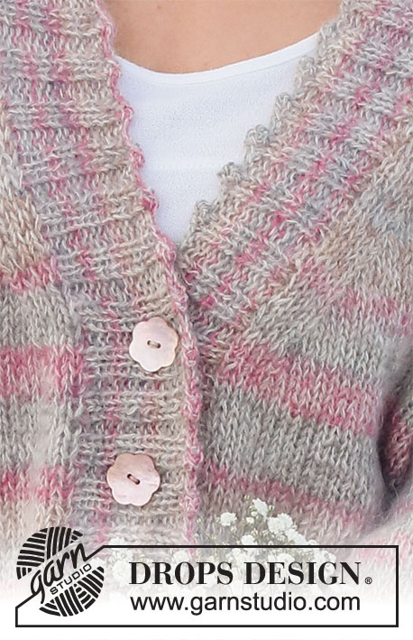 Morning Dawn Cardigan / DROPS 232-28 - Rozpinany sweter na drutach, przerabiany od dołu do góry dżersejem, z dekoltem V, pikotkami i pęknięciami na bokach, z włóczek DROPS Fabel i DROPS Kid-Silk. Od S do XXXL.