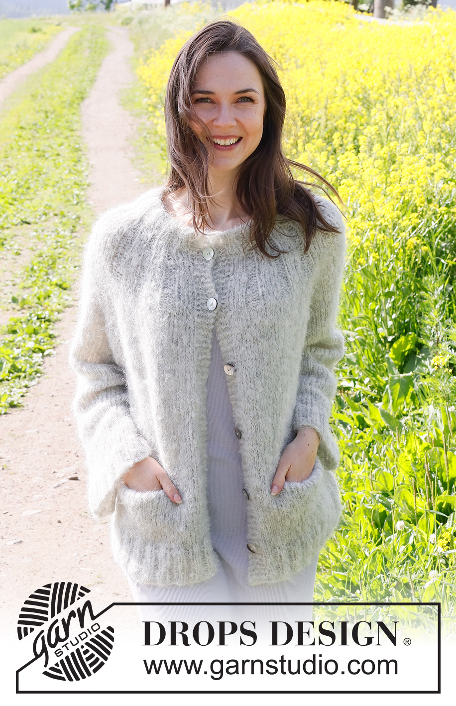 Falling Fog Cardigan / DROPS 232-30 - Knitted jacket in DROPS Melody. The piece is worked top down with round yoke, double neck and pockets. Sizes XS - XXL.