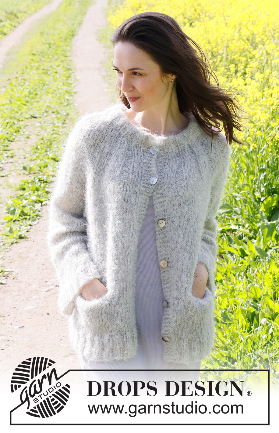 Falling Fog Cardigan / DROPS 232-30 - Knitted jacket in DROPS Melody. The piece is worked top down with round yoke, double neck and pockets. Sizes XS - XXL.