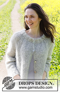 Falling Fog Cardigan / DROPS 232-30 - Knitted jacket in DROPS Melody. The piece is worked top down with round yoke, double neck and pockets. Sizes XS - XXL.