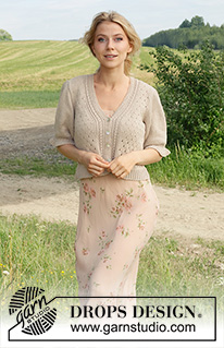 Charm Valley Cardigan / DROPS 232-31 - Strikket jakke i DROPS Safran. Arbeidet strikkes nedenfra og opp med hullmønster, V-hals og korte puffermer. Størrelse S - XXXL.