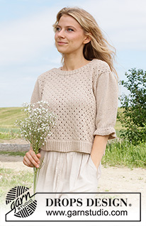 Charm Valley Top / DROPS 232-32 - Sweterek na drutach, z krótkim rękawem / t-shirt przerabiany od dołu do góry, ściegiem ażurowym, z krótkimi bufiastymi rękawami, z włóczki DROPS Safran. Od S do XXXL