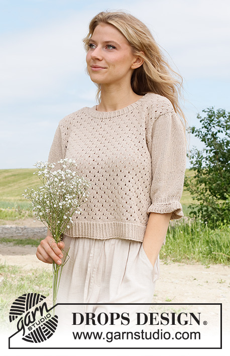 Charm Valley Top / DROPS 232-32 - Sweterek na drutach, z krótkim rękawem / t-shirt przerabiany od dołu do góry, ściegiem ażurowym, z krótkimi bufiastymi rękawami, z włóczki DROPS Safran. Od S do XXXL