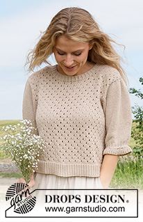 Charm Valley Top / DROPS 232-32 - Sweterek na drutach, z krótkim rękawem / t-shirt przerabiany od dołu do góry, ściegiem ażurowym, z krótkimi bufiastymi rękawami, z włóczki DROPS Safran. Od S do XXXL