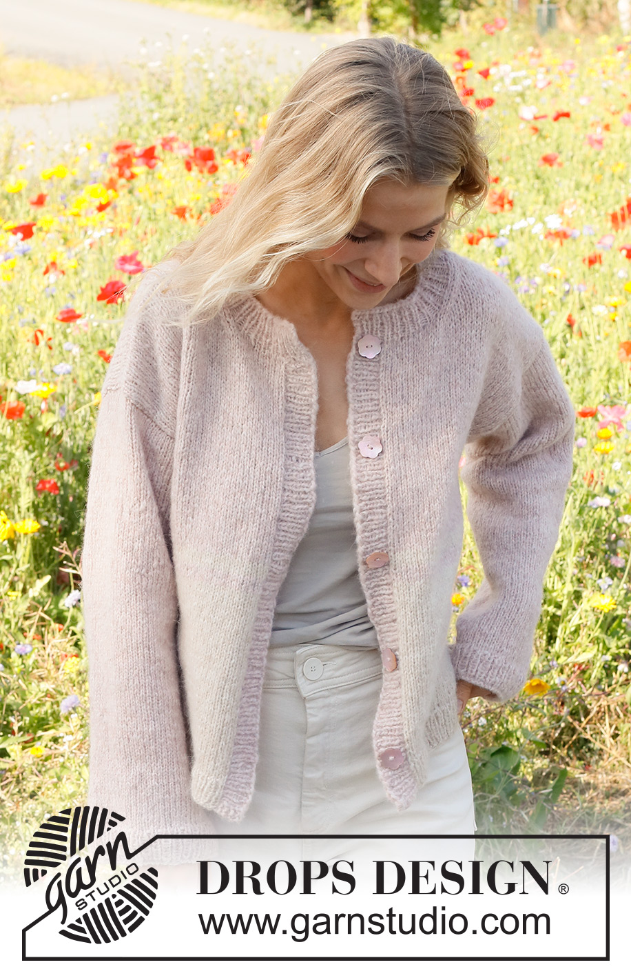 Dusky Rose Cardigan / DROPS 232-33 - Knitted jacket in DROPS Air. The piece is worked bottom up with stripes. Sizes S - XXXL.