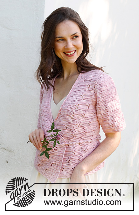 Hortense Wrap Cardigan / DROPS 232-35 - Crocheted wrap-around jacket in DROPS Cotton Merino. The piece is worked bottom up with lace pattern. Sizes S - XXXL.