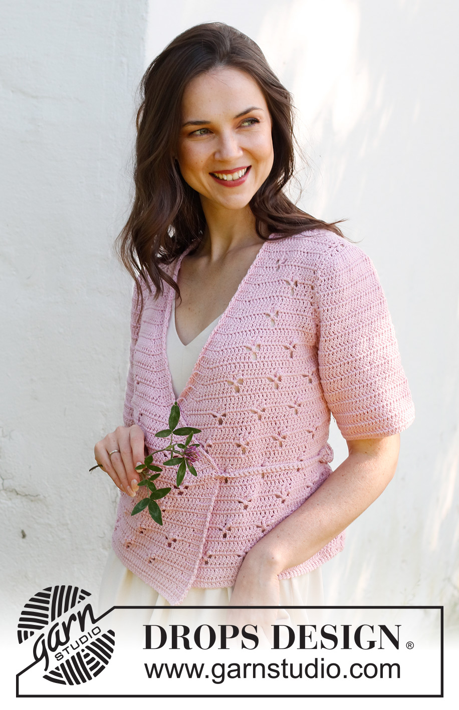 Hortense Wrap Cardigan / DROPS 232-35 - Crocheted wrap-around jacket in DROPS Cotton Merino. The piece is worked bottom up with lace pattern. Sizes S - XXXL.