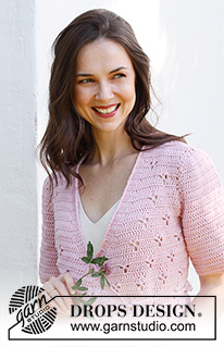 Hortense Wrap Cardigan / DROPS 232-35 - Crocheted wrap-around jacket in DROPS Cotton Merino. The piece is worked bottom up with lace pattern. Sizes S - XXXL.
