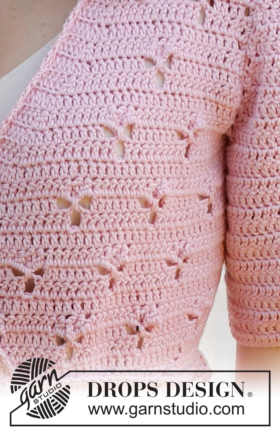 Hortense Wrap Cardigan / DROPS 232-35 - Crocheted wrap-around jacket in DROPS Cotton Merino. The piece is worked bottom up with lace pattern. Sizes S - XXXL.