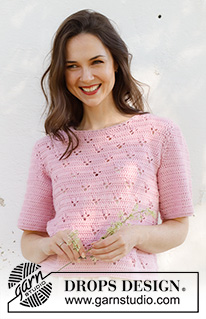 Hortense Top / DROPS 232-36 - Crocheted short-sleeve sweater in DROPS Cotton Merino. The piece is worked bottom up with lace pattern. Sizes S - XXXL.